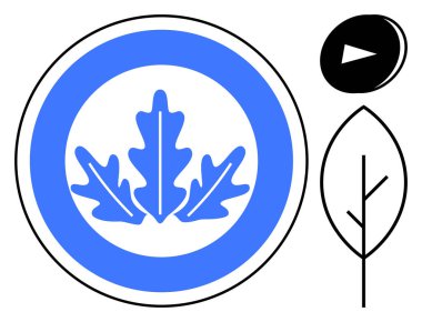 Eko markalaşma, çevre, sürdürülebilirlik, doğa kimliği, yeşil ürünler, organik tasarım. Yuvarlak rozetli mavi yaprak amblemi. Minimalist bir yaprak çizgisi ve ok oyunu. Çevre damgası ve doğa.