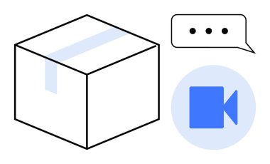Lojistik, sanal toplantılar, e-ticaret, ambalaj, iletişim sistemleri, teknoloji kavramları. Kutu, konuşma balonu video ikonu temiz tasarım. Lojistik ve sanal toplantılar
