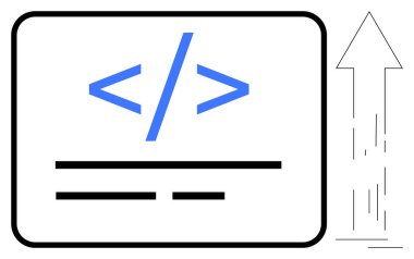 Teknoloji, programlama, kodlama eğitimi, web geliştirme, yazılım geliştirme, yenilikçi çözümler. Mavi kodlama sembolü ve yükselen bir ok. Kodlama eğitimi ve web geliştirme kavramları