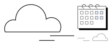 Takvimi olan büyük bulut simgesi ve görsel öğeler olarak minimal çizgiler. Teknoloji, programlama, organizasyon, planlama, bulut hizmetleri, üretkenlik ve veri için ideal. Basit düz metafor