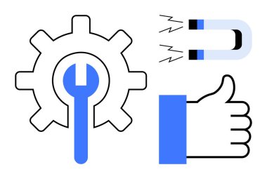 İş stratejisi. İş stratejisi, bakım, cazibe ve onay ikonları kullanılarak resmedilmiştir. Mühendislik, pazarlama, takım çalışması, olumlu geri bildirim, müşteri memnuniyeti için iş stratejisi