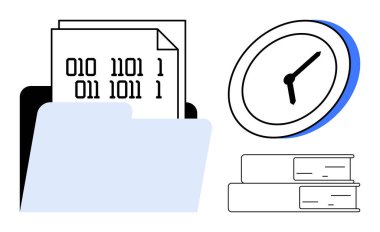 Veri yönetimi, kodlama, bilgi depolama, iş organizasyonu, zaman yönetimi, verimlilik. İkili kod, saat ve istiflenmiş kitaplarla klasörü aç. Veri yönetimi ve kodlama kavramı