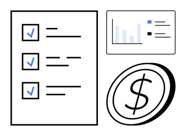 İş planlaması, bütçeleme, görev yönetimi, verimlilik, finansal analiz, veri görselleştirme. Mavi işaretli kontrol listesi, bar çizelgesi ve dolar sembolü. Mali analiz ve iş