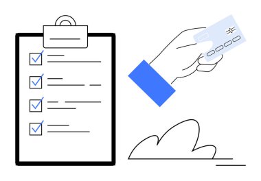 Finansal işlemler, organizasyon, dijital ödemeler, görev tamamlama, e-ticaret, iş operasyonları. Kredi kartını kontrol listesinin yanında tutan bir el. Finansal işlemler ve organizasyon