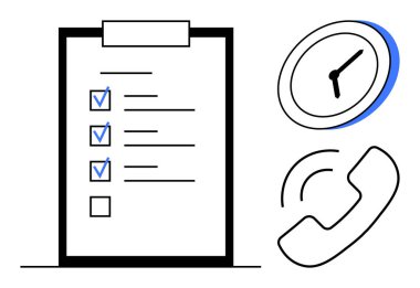 Görev planlaması, zaman yönetimi, iletişim, işyeri verimliliği, organizasyon, verimlilik. Resimli kontrol listesi, saat ve telefon sembolü. Görev planlaması ve zaman yönetimi görsel kavramı