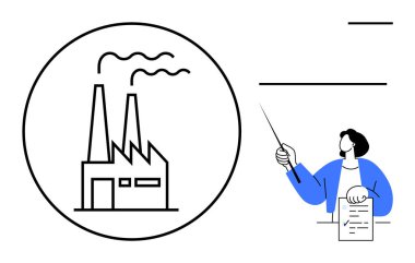 Dairenin içindeki fabrikada bacalardan çıkan dumanlar, rapor tutan insanlar ve işaretçiler. Üretim, endüstri, sunum, iş, eğitim, strateji çevre temaları için idealdir. Basit düz