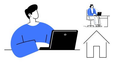 Uzaktan çalışma konsepti. Uzaktan çalışma üretkenliği ve evden gelen esnek görevleri mümkün kılar. Uzaktan çalışma, özerklik ve teknolojiyi dengeleyen profesyonelleri destekler. Bağımsızlar, girişimler, işyeri tasarımı