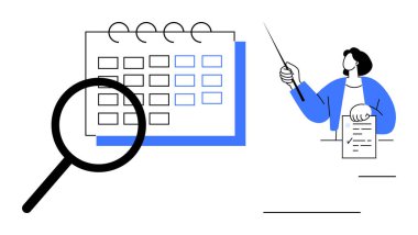 Kalem ve belge sunan kişi olarak büyüteç inceleme takvimi ayrıntıları. Planlama, organizasyon, analiz, veri incelemesi, eğitim, sunum, programlama için ideal. Basit düz