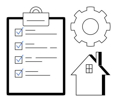 Proje yönetimi, süreç optimizasyonu, emlak hizmetleri, planlama, üretkenlik, iş akışı. İçinde kontrol listesi, teçhizat ve ev sembolleri olan bir pano. Proje yönetimi ve süreç optimizasyonu