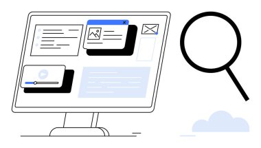 Masaüstü ekranında büyüteç altında medya kartları, e-postalar ve metin belgeleri gösteriliyor. İçerik organizasyonu, web tasarımı, arama, kullanılabilirlik, SEO araştırma ve veri için ideal. Basit düz metafor