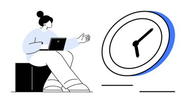 Zaman yönetimi, üretkenlik, uzaktan çalışma, verimlilik, son teslim tarihi planlama, kurumsal görevler. Grafik, elinde dizüstü bilgisayar olan birini gösteriyor. Zaman yönetimi ve verimlilik odağı