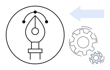 Grafik tasarım, yaratıcılık, iş akışı, teknoloji, mühendislik, yenilik. Dişliler ve okla daire içine alınmış kalem aracı. Grafik tasarım ve yaratıcılık kavramı, araç ve süreçlerin birleştirilmesi