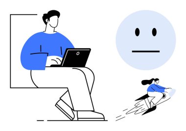 Dijital iletişim, uzaktan çalışma, yenilik, ifade analizi, gelecekteki ulaşım, verimlilik. Laptop kullanan bir kişi, tarafsız bir yüz ikonu fütüristik bir jette bir kadın. Uzak çalışma