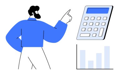 Finansal planlama, bütçe takibi, iş analizleri, para yönetimi, gider hesapları, ekonomik tahminler. Hesap makinesi ve çubuk grafiğini gösteren kişi. Mali planlama ve bütçe