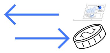 Finansal hizmetler, dijital ekonomi, döviz kurları, veri analizleri, fintech çözümler, yatırım sezgileri. İki ok, bir bozuk para ve bir veri tablosu. Finansal hizmetler ve dijital ekonomi kavramı