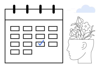 Çiçeklerle dolu, planlama, farkındalık ve verimliliği sembolize eden, insan profilinin yanında işaretli bir tarih olan takvim. Kişisel bakım, hedef belirleme, zihinsel sağlık, yaratıcılık için ideal