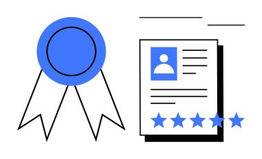 Mavi rozet ve profil fotoğrafı ve yıldız reytingli belge başarı, sertifika ve kalite güvencesini temsil ediyor. Eğitim, özgeçmiş, ödül, yeterlilik, iş doğrulaması için ideal