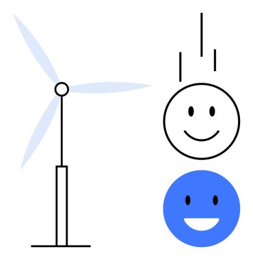 Yenilenebilir enerji kavramı. Rüzgar türbini yenilenebilir enerji ve sürdürülebilirliği teşvik eder. Mutluluk ve ekolojik bilinç gelişimi ile bağlantılı yenilenebilir çözümler. Sürdürülebilirlik konuları için uygun, yeşil