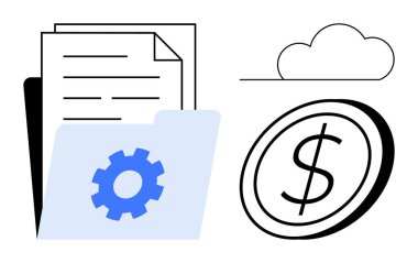 Veri depolama, finansal yönetim, bulut hesaplama, çevrimiçi ödemeler, dijital dosyalar, teknoloji kavramları. Dişli simgesi olan klasör, dokümanlar dolar sembolü. Mali yönetim ve bulut