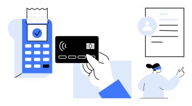 Dijital işlemler, iş süreçleri, ödeme sistemleri, finans, kimlik doğrulama, güvenli işlemler. Kredi kartı, ödeme terminali ve dijital profil dökümanı. Dijital