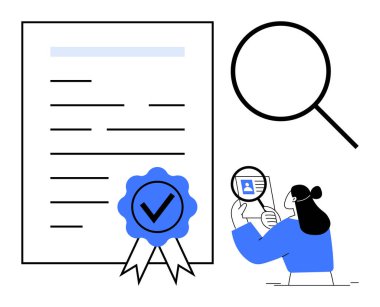 Belge doğrulama konsepti. Rozeti ve büyüteçle onaylanmış belge doğrulaması. Kimlik kontrolleri, uyum protokolleri, iş süreçleri, HR için kullanışlı