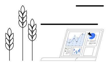 Tarım teknolojisi, veri analizi, dijital yenilik, hassas tarım, sürdürülebilir büyüme, hasat tahmini. Buğday sapları ve grafikli dizüstü bilgisayarlar. Tarım teknolojisi ve veri analizi