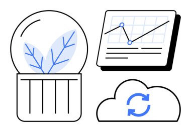 Saksı bitkisi filizi, veri tablosu ve senkronize ikon içeren bulut çevre dostu büyüme, analitik, dijital depolama. Sürdürülebilirlik, teknoloji, yenilik, yenilenebilir enerji çevresi için ideal