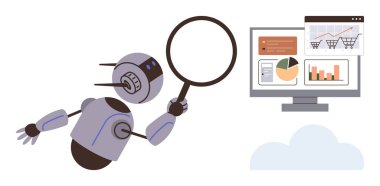 Robot ekrandaki verileri incelemek için büyüteç kullanıyor, grafikler ve analizler gösteriyor. Teknoloji için ideal, yapay zeka, veri analizi, dijital pazarlama, yenilik, otomasyon
