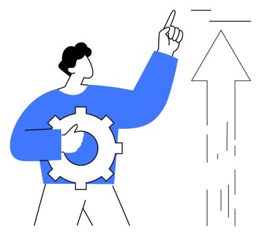 İş stratejisi, ilerleme, yenilik, başarı, takım çalışması, hedef belirleme. Bir insan dişlisini tutar ve yukarı doğru giden bir oku gösterir. İş stratejisi ve ilerleme kavramı