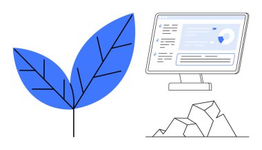 Sürdürülebilirlik, veri görselleştirme, eko-teknoloji, çevresel yenilik, temiz enerji, iş analizi. Mavi yaprak sembolü, analitik şekilli bilgisayar monitörü. Sürdürülebilirlik