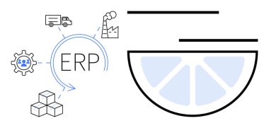 Ekipman, fabrika, kamyon ve ürün kutusu simgeleriyle vurgulanan ERP sistemi, süreç akışını vurguluyor. Lojistik, işlemler, tedarik zinciri entegrasyon verimliliği yönetimi için ideal. Basit düz