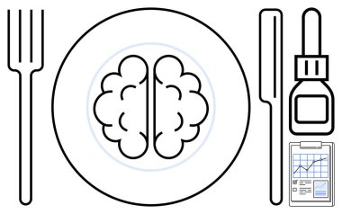Diyet, beyin sağlığı, beslenme bilimi, bilişsel işlev, tıbbi araştırma, ilave. Tabakta çatal bıçak, ilaç şişesi ve çizelgesi olan bir beyin. Diyet ve beyin sağlığı kavramı