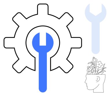 Ana hatları oluşturan fikirlerin yanında, merkezi ingiliz anahtarıyla alet ve mekaniği sembolize eden bir vites. Yenilik, yaratıcılık, zihinsel büyüme, zihniyet, problem çözme, kendini geliştirme için ideal