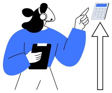 Finansal planlama, müşteri desteği, muhasebe, eğitim, iş hizmetleri, rehberlik. Kulaklık takan kişi hesap makinesini gösteren bir pano tutuyor. Mali planlama ve müşteri desteği