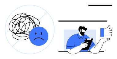 Akıl sağlığı, terapi, duygusal destek, sorun çözme, danışmanlık, kişisel gelişim. Karışık zihin sembolü ve profesyonel konsültasyonu olan üzgün bir yüz. Ruh sağlığı ve terapi kavramları