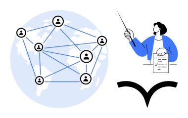 Bağlı kullanıcı simgelerine sahip küresel harita, belgeleri ve işaretçiyi tutan eğitmen, soyut takım çalışması ögesi. Ağ oluşturma, uzaktan çalışma, iletişim, eğitim, yönetim ve eğitim için ideal