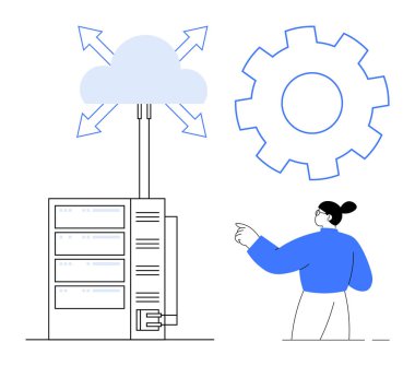 Bulut hizmetleri, dijital dönüşüm, bilişim altyapısı, veri yönetimi, gelecekteki teknoloji, sistem süreçleri. Bulut ve vites sembollerine bağlı bir sunucuya bakan bir kişi. Bulut hizmetleri