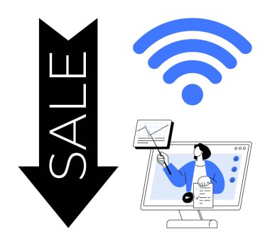 Satış trendleri. Satış oku, internet ekranı ile çevrimiçi öğrenme, ve kablosuz sembol satış trendleri, e-ticaret ve dijital iletişim. Pazarlama, eğitim ve teknik çözümler için harika