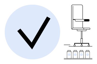 Verimlilik, organizasyon, ofis gereksinimleri, kontrol listesi, görev yönetimi, iş akışı. Mavi arka planda büyük siyah kontrol işareti, ofis sandalyesi ve şişeli raf. Verimlilik ve organizasyon