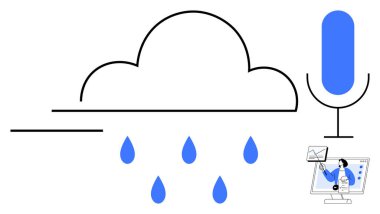 Bulut hesaplama konsepti. Bulut hesaplaması bir mikrofon ve dijital iletişim elementleriyle vurgulandı. Bulut bilgisayarı veri depolama ve ses entegrasyonunda yenilik sergiliyor. Teknoloji için ideal