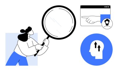 Veri arama konsepti. Elinde büyüteç ve dijital arayüz ikonları olan bir kişi veri araması, kullanıcı odağı ve büyüme. Analiz, araştırma, UXUI tasarımı, çevrimiçi araçlar ve eğitim için mükemmel