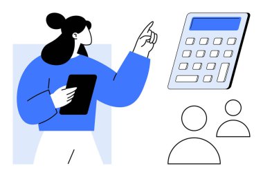 Finansal planlama, takım çalışması, dijital araçlar, iş analizi, eğitim, hesaplama. Kadın elinde tablet tutarken hesap makinesine insan figürü simgelerini işaret ediyor. Mali planlama ve takım çalışması