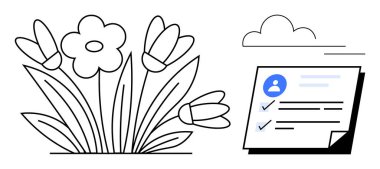 Yapılacaklar listesinin yanında bir bulutun altında çiçek açmak. Organizasyon, planlama, üretkenlik, büyüme, sürdürülebilirlik, kişisel gelişim ve ekoloji için ideal. Basit düz metafor