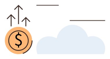 Yükselen oklarla dolu para, yumuşak bir bulutun yanında finansal refahı sembolize ediyor. Finans, yatırım, ekonomi, başarı, dijital büyüme, yenilik ve gelir için ideal. Basit düz metafor