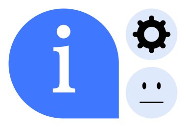 Müşteri desteği, bilgi paylaşımı, geri bildirim, bilgi sistemleri, yardım masası, iletişim. Mavi bilgi simgesi, vites ve tarafsız bir yüz. Bilgi paylaşımı ve müşteri desteği kavramı