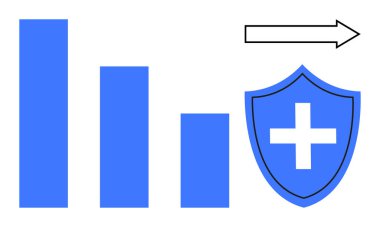 Sağlık, veri koruması, teknoloji, ilerleme, tıbbi analizler, siber güvenlik. Bir bar çizelgesi, bir haçlı kalkan ve bir ok var. Sağlık ve veri koruma kavramı