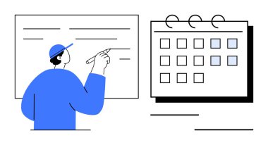 Ayrıntılı bir takvimin yanındaki tahtaya yazı yazan kişi. Planlama, organizasyon, takım çalışması, verimlilik, zaman yönetimi, planlama ve strateji için ideal. Basit düz metafor