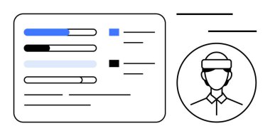 İlerleme çubukları, minimalist bir avatar çizimi ve metin satırlarını içeren kullanıcı profili düzeni. Profil yönetimi, görev takibi, UX tasarımı, analitik, üretkenlik, dijital paneller için ideal basit