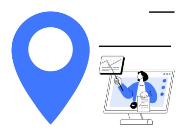 Konum kavramı. Veri görselleştirmesi ile konum pin sembolü ve çevrimiçi sunum. Konum temelli pazarlama, iş analizleri, görsel işbirliği ve profesyonel araçlar