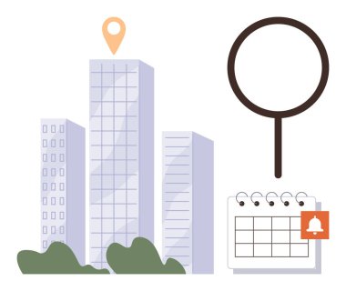 Yer broşuyla işaretlenmiş gökdelenler, keşif için büyüteç ve tebligatlı bir takvim. Planlama, emlak, turizm, planlama, arama, organizasyon şehri için ideal